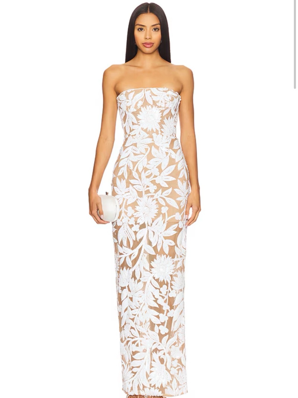 Bronx and Banco Strapless White Floral Lace Maxi Gown